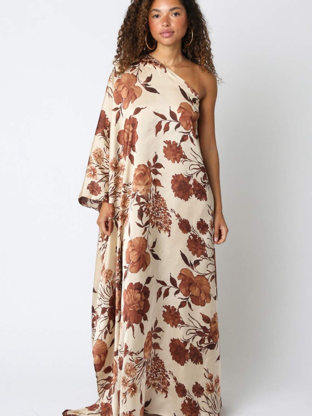 NWT ** BTQ One-Shoulder Floral Maxi Dress in Cream and Brown